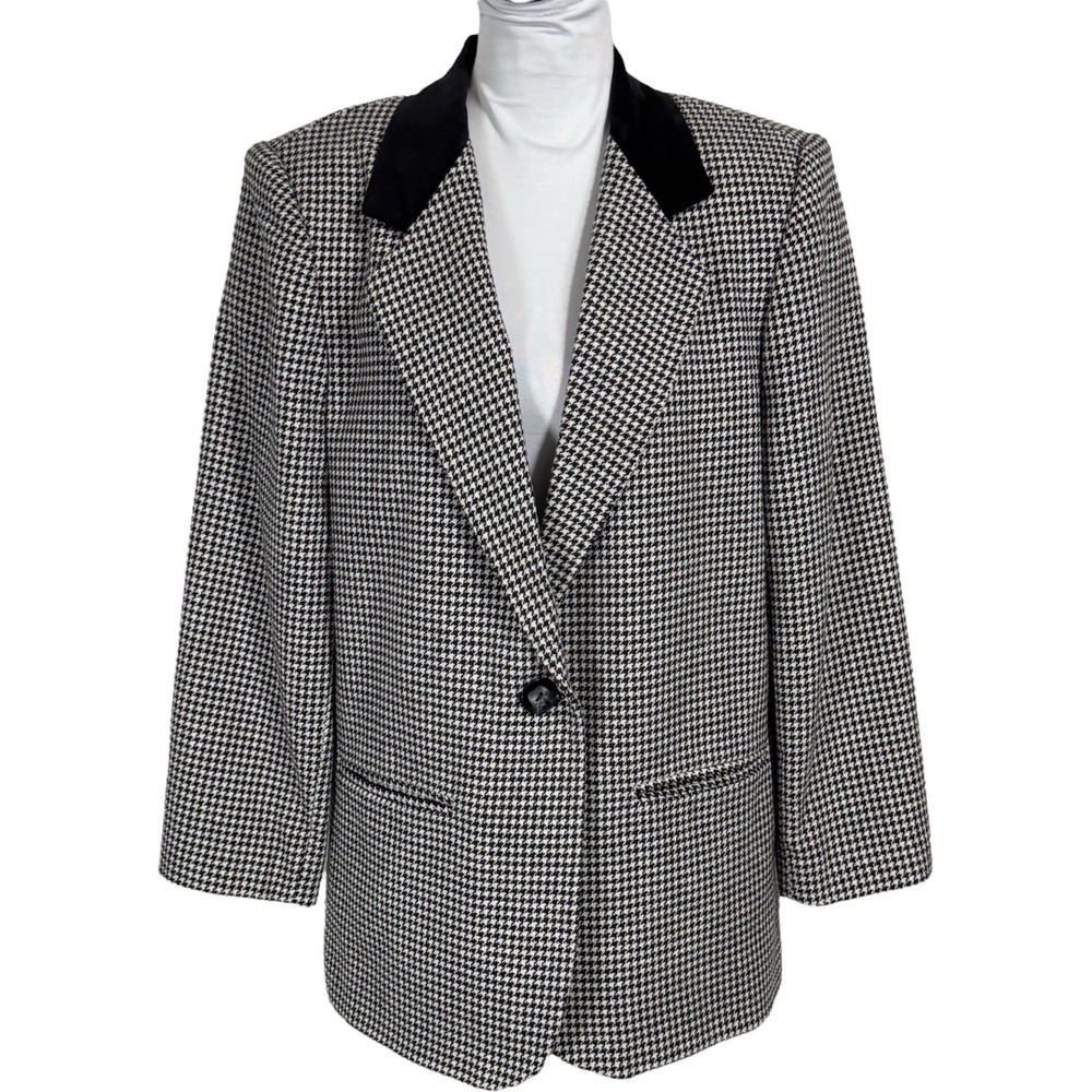 Vintage‎ 90s Houndstooth Blazer Sz 12 P Business Jacket Velvet Collar Wool Blend